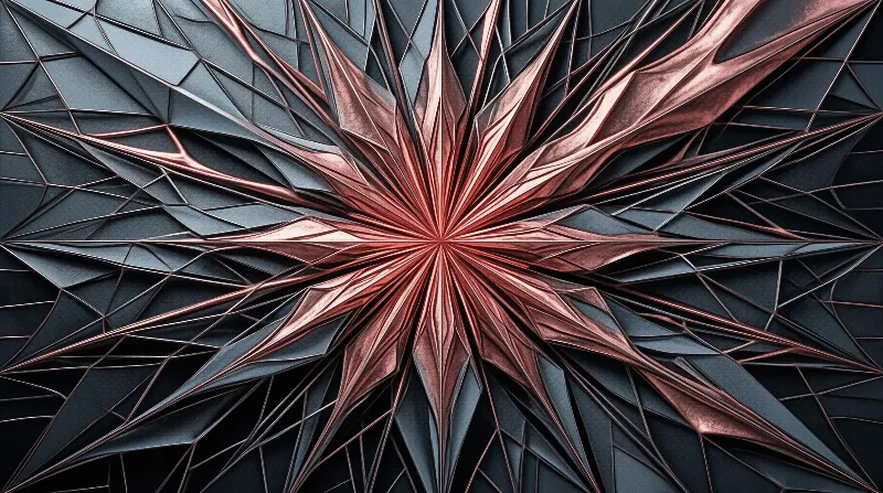 A low polygon metallic starburst radiates from the center with copper tones fading into dark slate blue faceted edges.