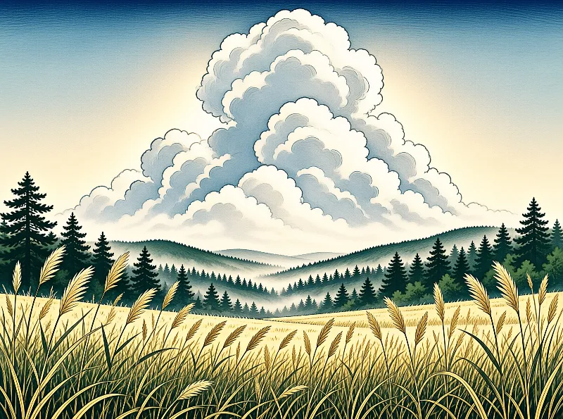 A stylized retro illustration of a towering white cloud over pine ridges and a field of golden grass.