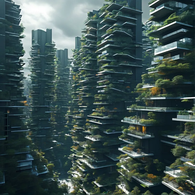 Tall buildings covered in lush greenery and trees stretch upward into a cloudy sky with dappled natural light.
