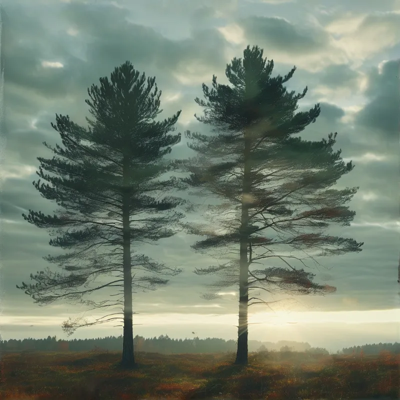 Two tall pine trees rise from a low heath with autumnal undergrowth, backlit by soft pale sunlight breaking through a thick overcast sky.