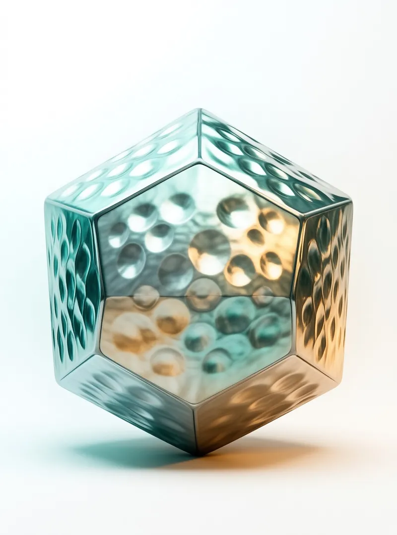 A translucent cube with a hammered dimpled surface glows with teal and warm amber reflections.