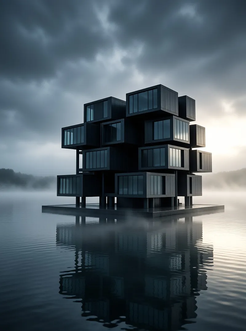A dark modular building stands on stilts above calm water surrounded by low fog and overcast skies.
