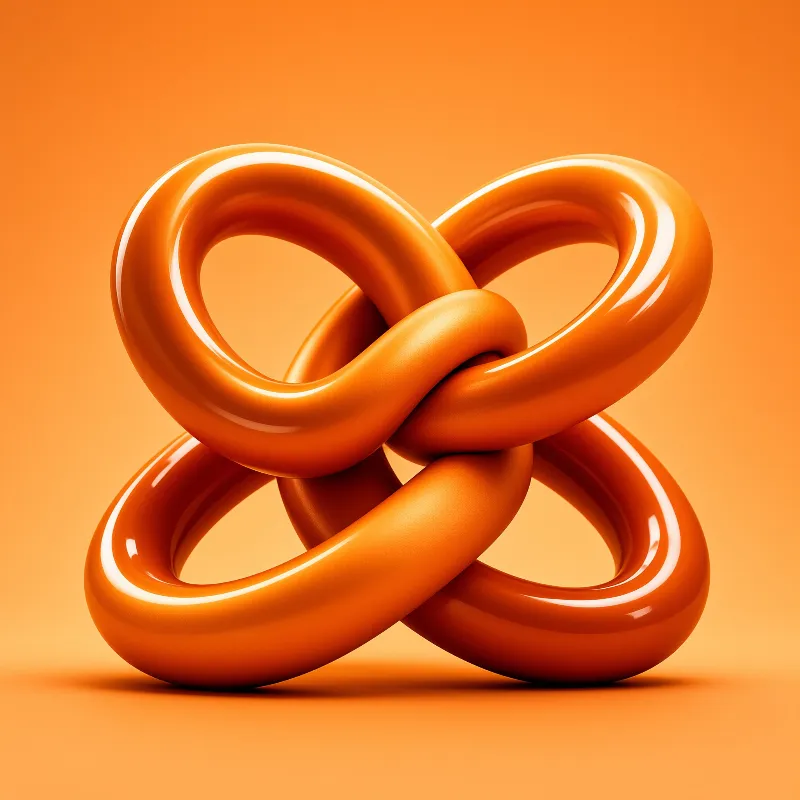 A shiny orange three dimensional abstract knot floats against a matching gradient background with soft lighting.