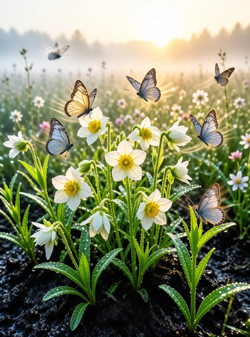 A group of butterflies rests near white wildflowers covered in dew while warm golden light shines over a green meadow at dawn.