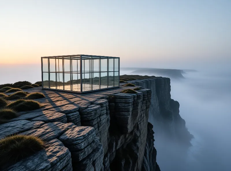 A transparent glass structure sits on a rocky cliff edge while fog fills the valley below during sunrise.