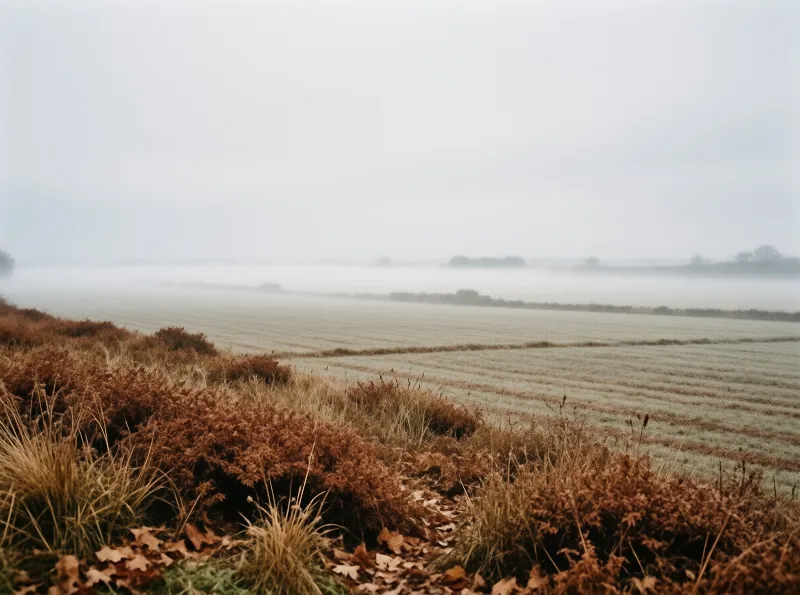 A frost-covered farmland stretches into a foggy landscape with distant tree lines obscured by dense mist.
