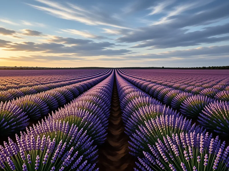 Purple lavender plants form linear paths leading to the horizon under a sky with soft golden and blue tones.