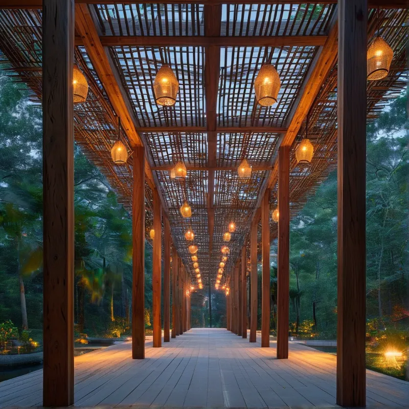 A long wooden pergola structure stands in a forest with warm lanterns hanging from the ceiling.