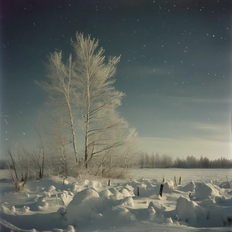 Frost covered branches rise above deep snow drifts beneath a twilight sky scattered with stars.