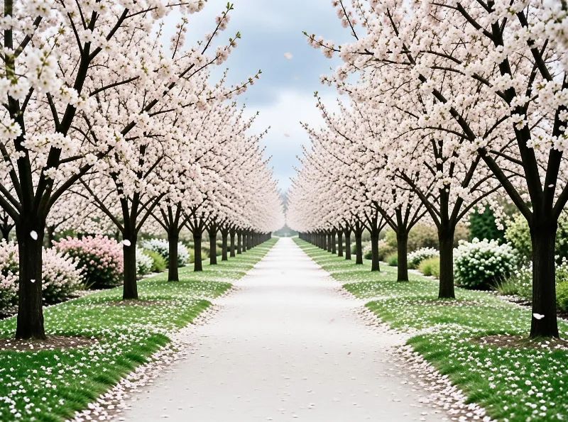 Rows of pale pink flowering trees arch over a straight gravel path while petals scatter across fresh green grass.