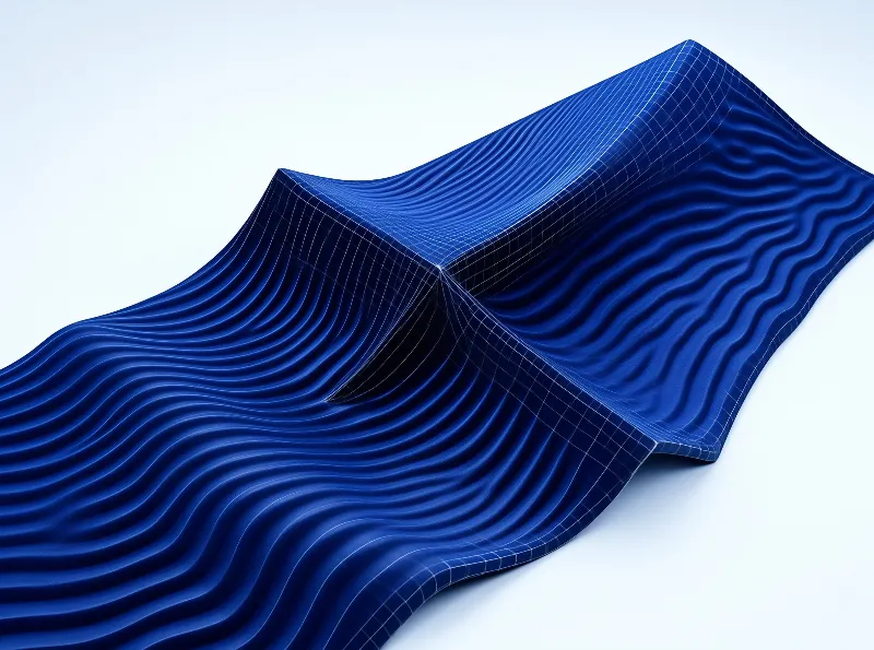A sculptural blue surface with sharp folds and rippling waves is lit from above against a white background.