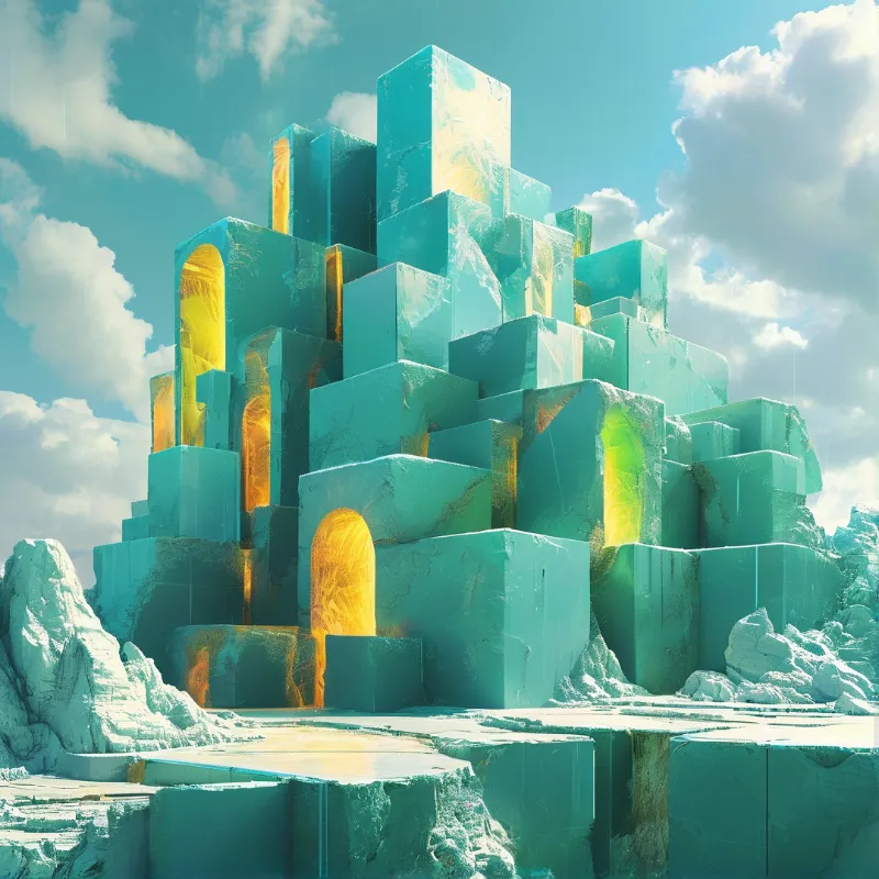 Stepped turquoise blocks with golden arches on rocks under clouds.