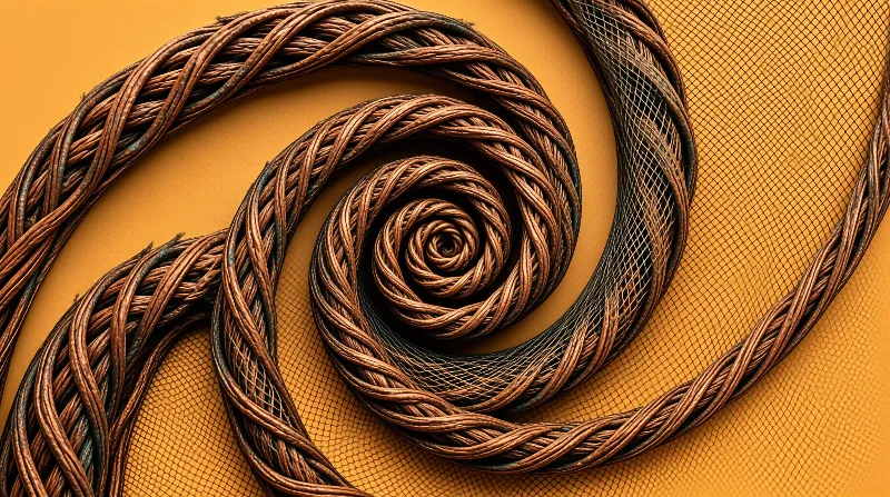 Tightly braided copper wires curl into a spiral atop a yellow fine grid surface, soft light shows their metallic patina.