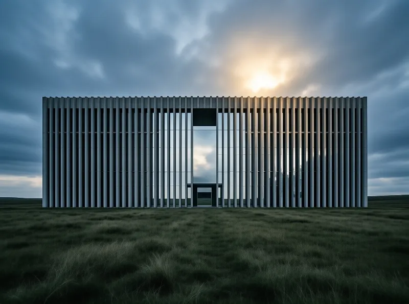 A grey structure with vertical slats stands in a grassy field under a cloudy sky where the sun shines through.