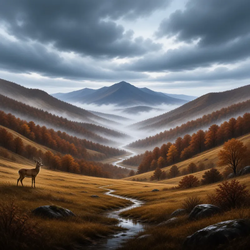 A deer stands on a grassy slope overlooking a winding river and misty mountains covered in autumn foliage under a dark sky.
