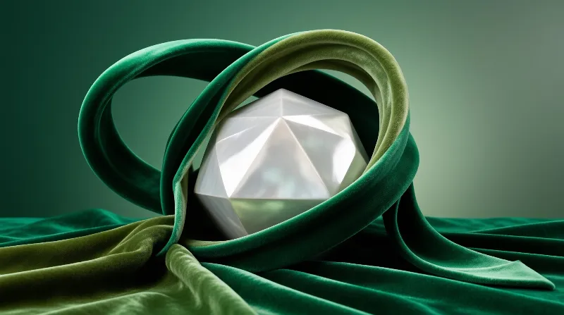 A white geometric crystal sits inside loops of dark green velvet fabric under soft studio lighting.