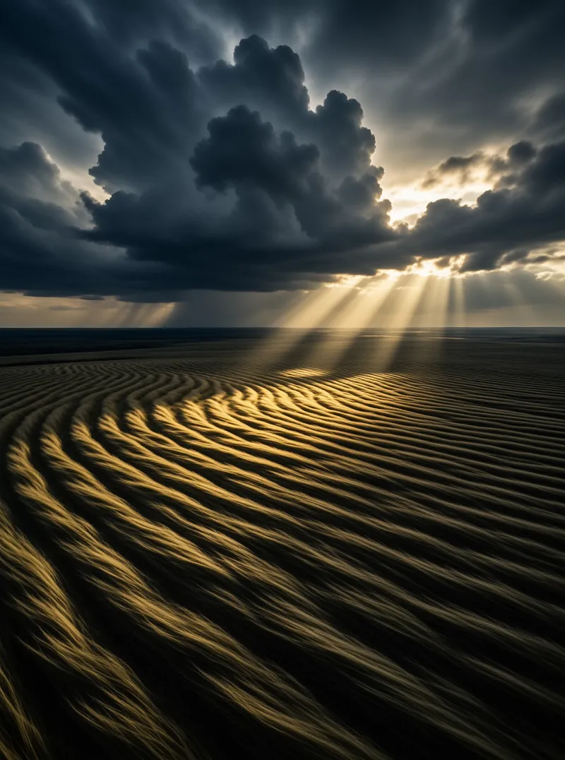 Rippled golden wheat stretches across a plain as dramatic sunbeams cut through heavy dark clouds overhead.