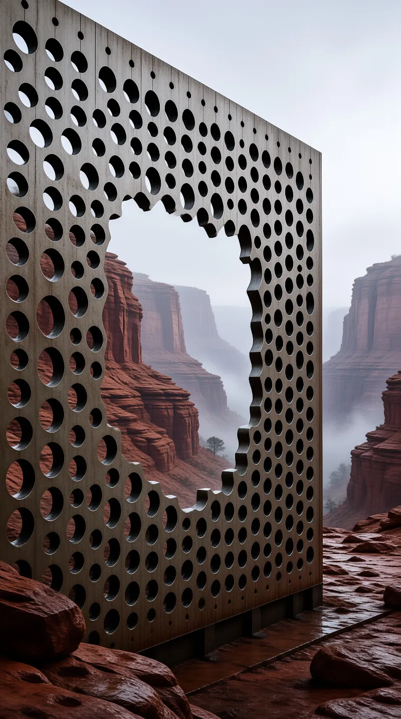 A tall wooden board punctuated by rows of holes stands before misty red rock cliffs under a grey sky.