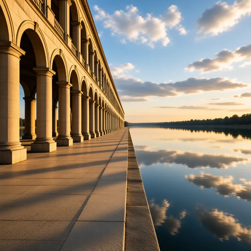 A long stone colonnade of repeating arches stretches beside a still lake that mirrors the warm sunset sky and scattered clouds.