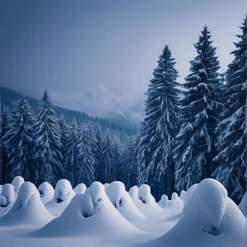 Tall coniferous trees laden with heavy snow stand in a valley while rounded snow mounds fill the foreground and a foggy peak emerges in the background under cool blue lighting.