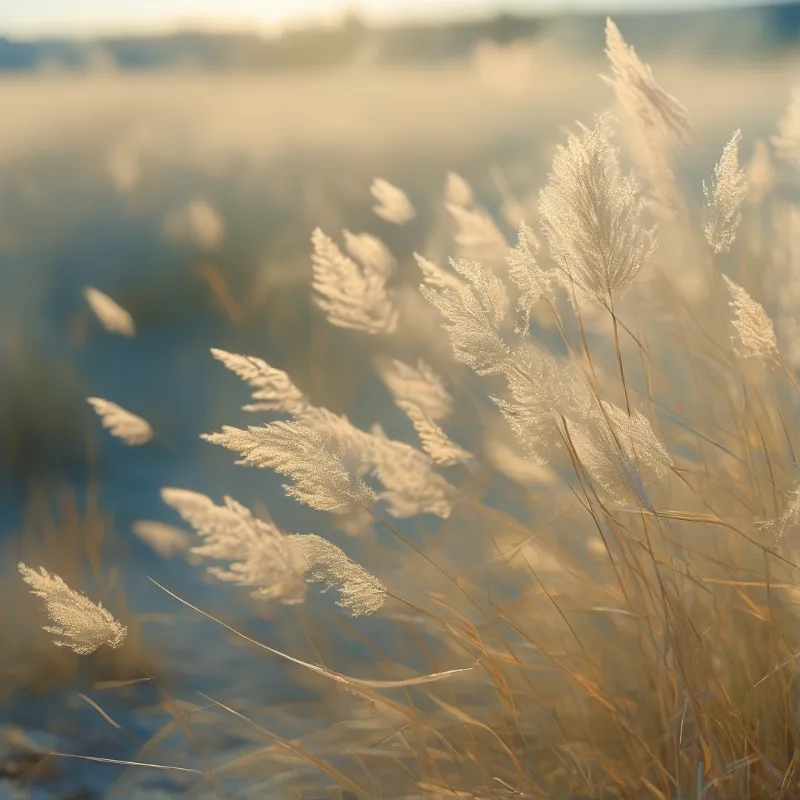 Feathery grass plumes stand tall in a field while warm sunlight glows behind them creating a soft and airy atmosphere.