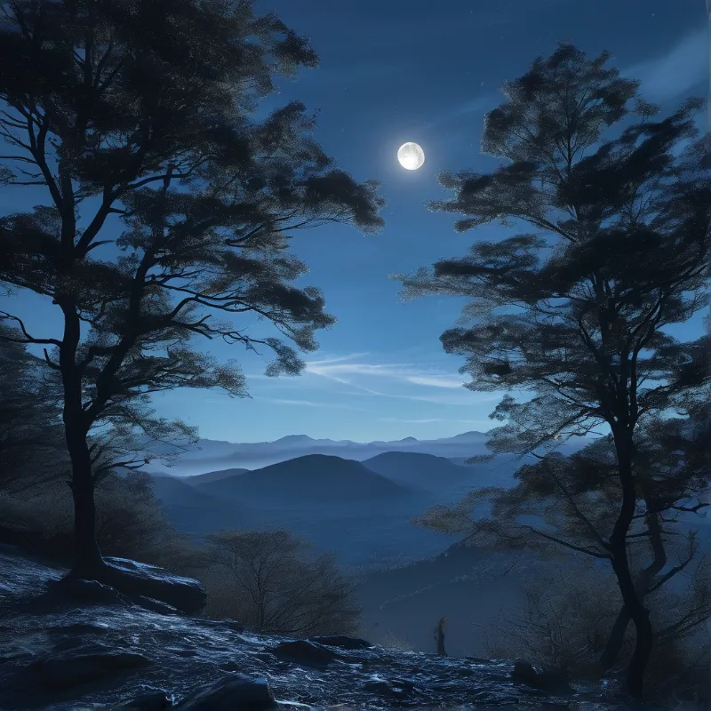 Two silhouetted trees frame a bright full moon shining above layered blue mountains and a rocky foreground.