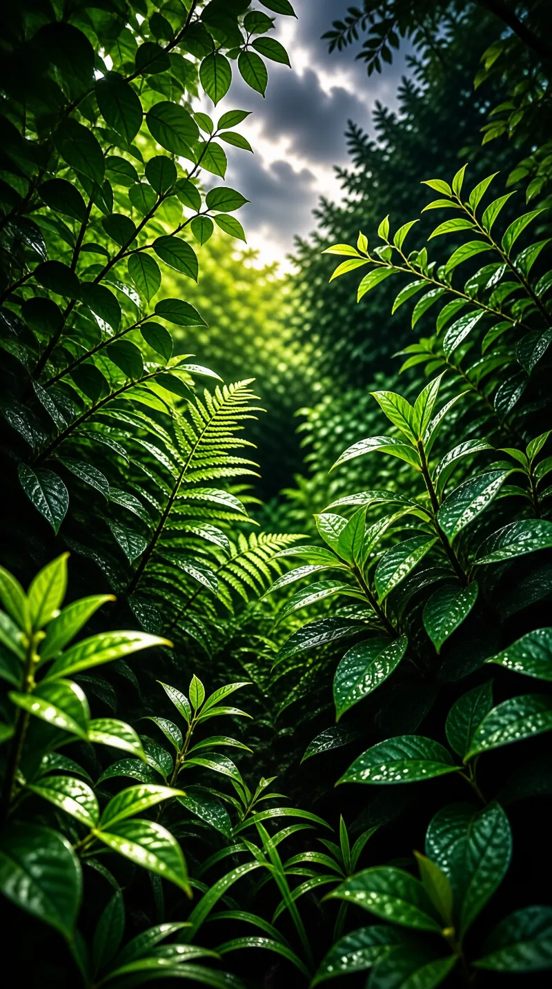 Dense green leaves and ferns frame a bright opening in the forest canopy where sunlight streams down.