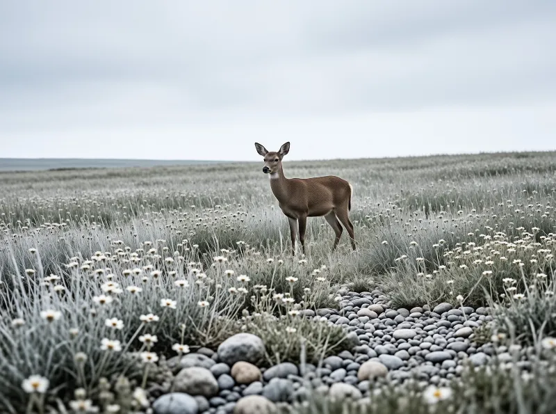 A brown deer stands alert in a field of dry grass and small white flowers under an overcast sky.