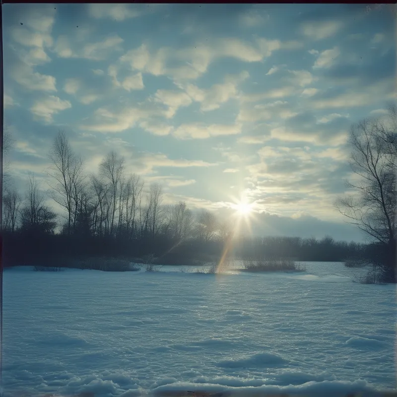 A bright sun shines over a snow covered frozen lake with bare trees along the shore under a cloudy sky.