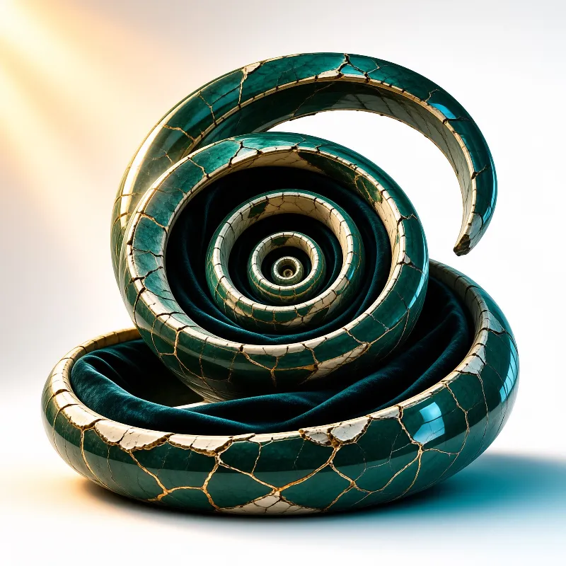 A teal ceramic spiral vase featuring gold kintsugi cracks and a dark velvet interior sits against a bright white background.