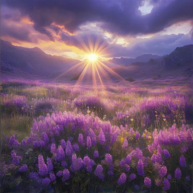 Sunburst over Purple Flowers