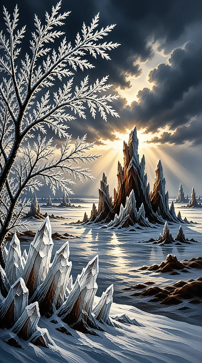 A snow covered tree branch frames jagged icy rock formations rising from a frozen surface under a dramatic cloudy sky.
