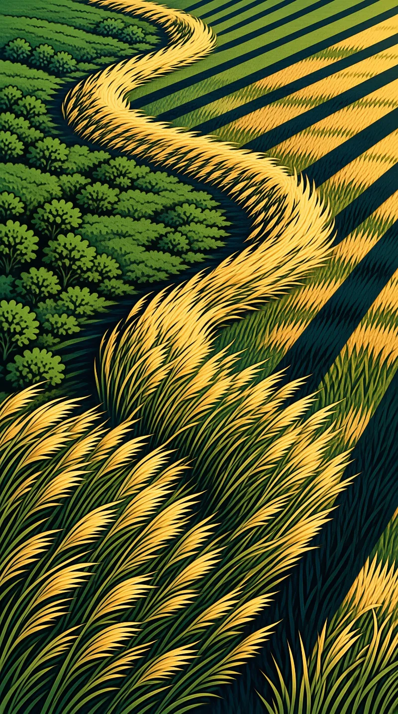 Stylized illustration of golden grass waves rolling over a landscape with dark green forest patches and striped shadows.