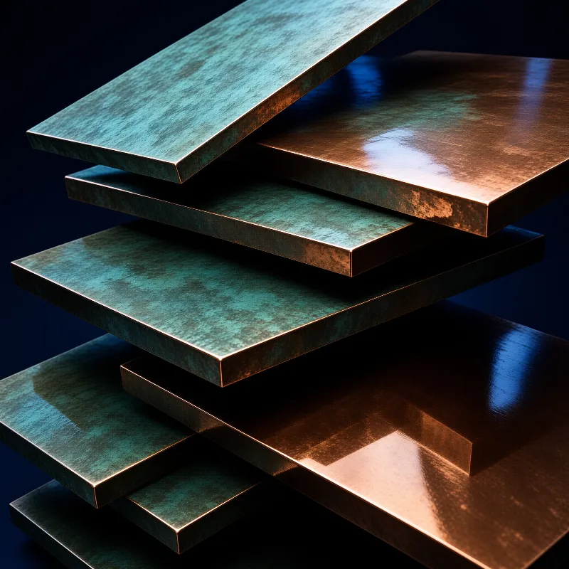 Stacked rectangular copper panels show a weathered teal patina and warm bronze edges against a deep blue background.