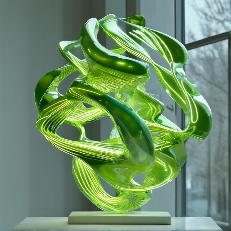 A flowing green glass sculpture rests on a white base beside a large window letting in natural light.