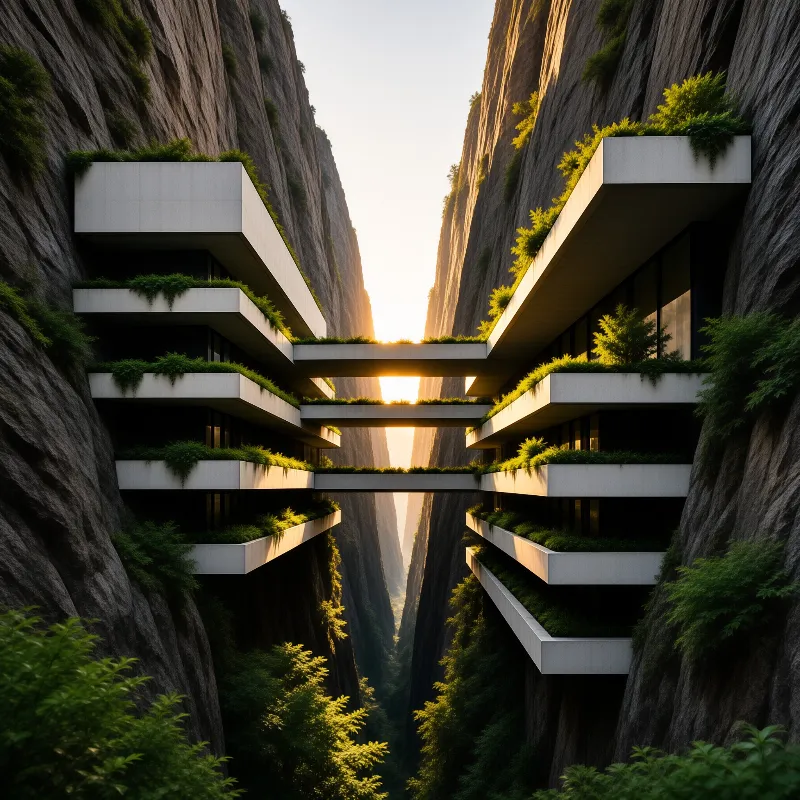 Stacked white balconies with green plants bridge a steep rocky cliff while the sun shines through the gap