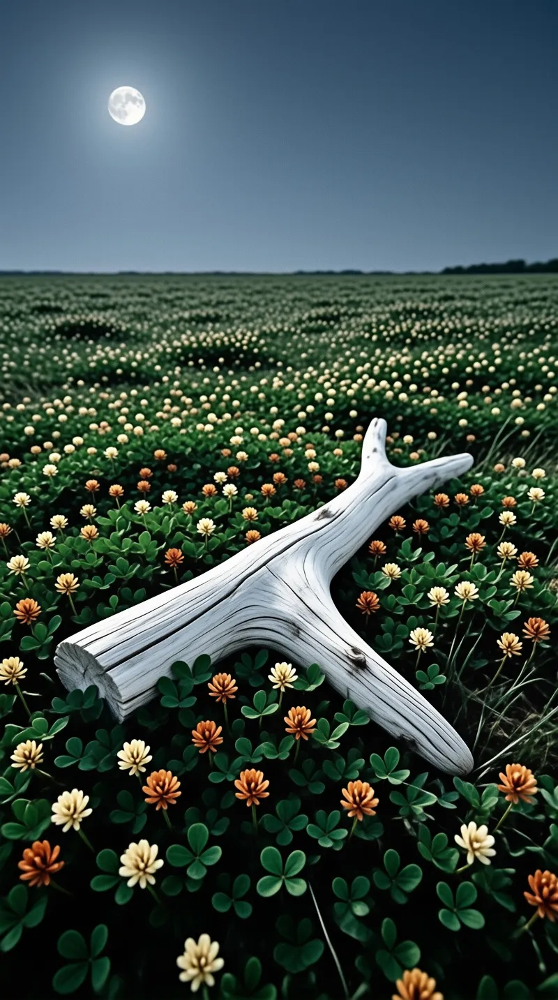 Weathered driftwood rests on orange and white clovers under a bright full moon in a dark night sky.