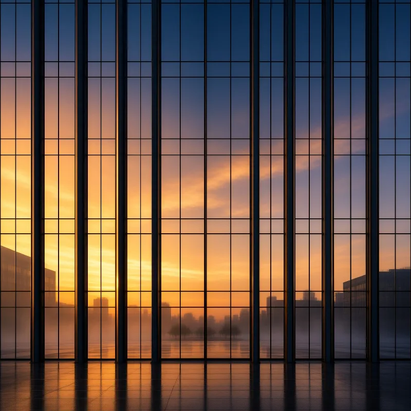 Large floor to ceiling windows look out onto a foggy city skyline during a vibrant orange sunset.