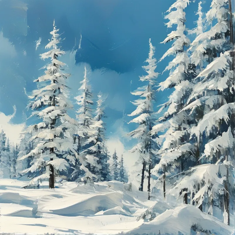 Evergreen conifers laden with thick white snow stand beneath a vivid blue sky rendered with visible painterly brushstrokes.