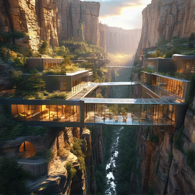 Futuristic cliffside buildings connected by a transparent bridge span a deep canyon illuminated by golden sunrise light.