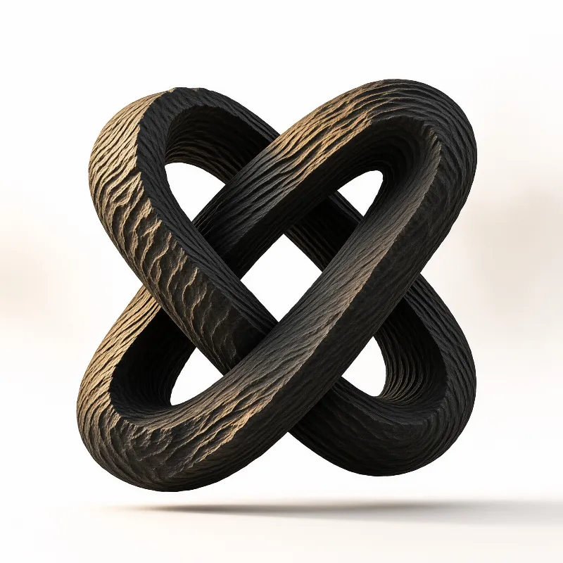 A carved wooden figure eight knot hovers above a pale surface, its grain catching soft light