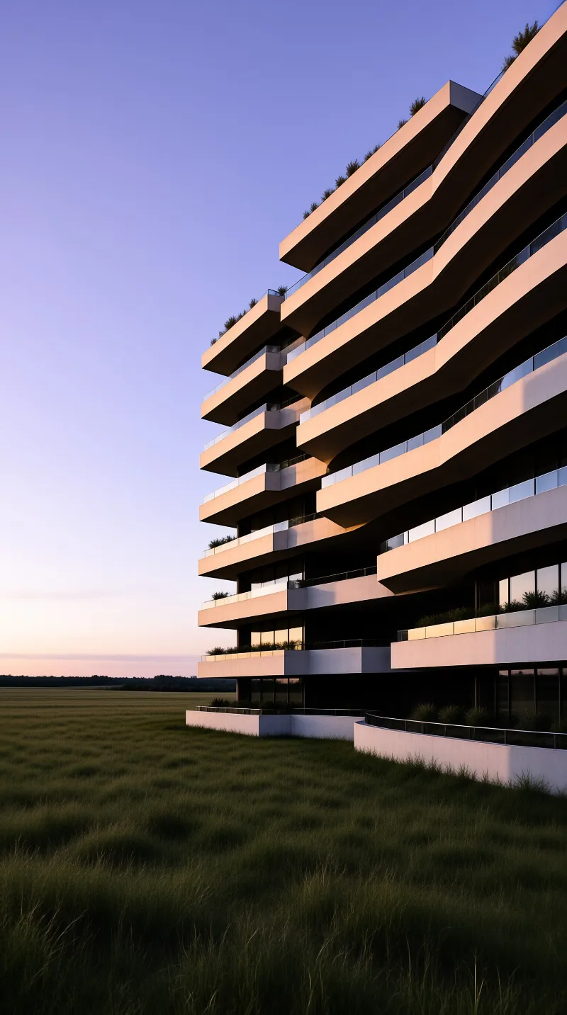 A tall white building with stacked balconies stands isolated in a grassy field beneath a purple twilight sky.