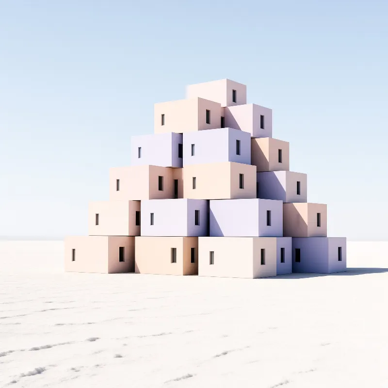 A pyramid of pastel cubes with small windows stands on white sand under a clear sky.