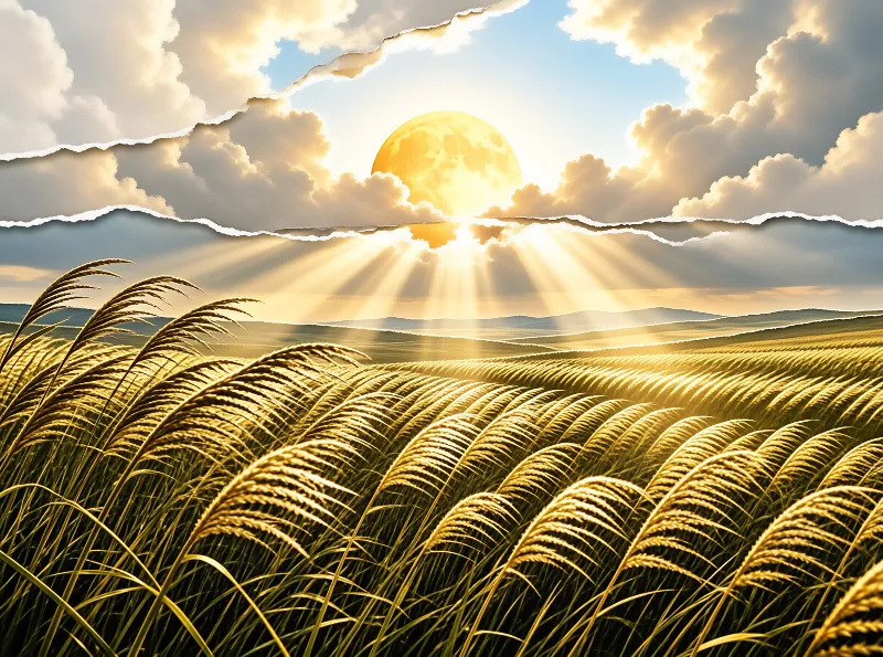 Golden wheat bends in a field while torn clouds reveal a bright sun casting beams of light across the landscape.