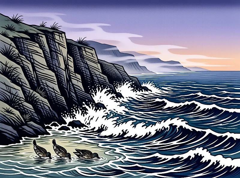 Illustration of three ducks swimming near crashing waves and steep cliffs under a purple sky.