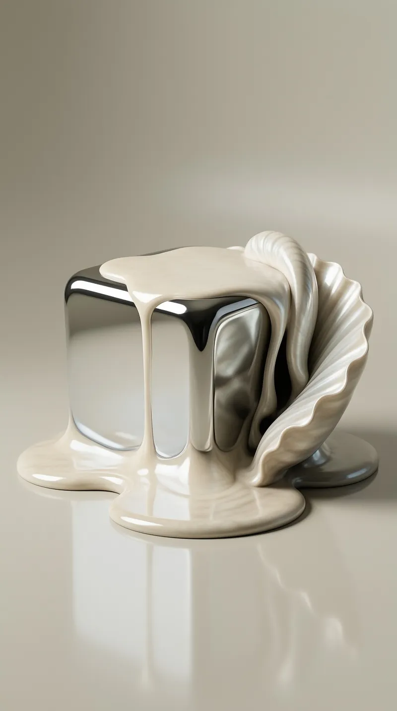 A reflective metallic cube sits on a beige surface while a thick cream liquid drips down its sides.