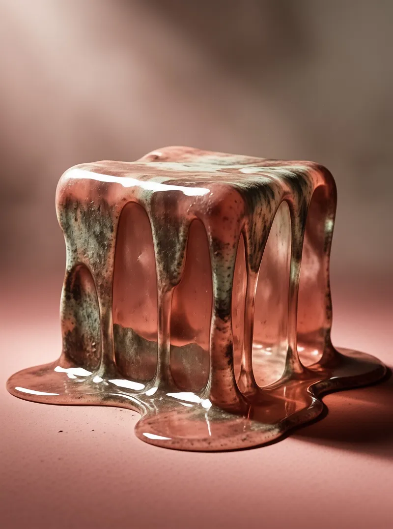 A metallic copper cube melts into a puddle on a soft pink surface with verdigris details.