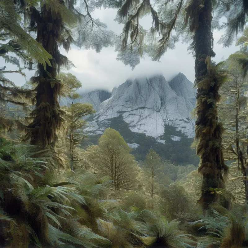 Tall moss-covered trees frame a misty mountain range under overcast skies.