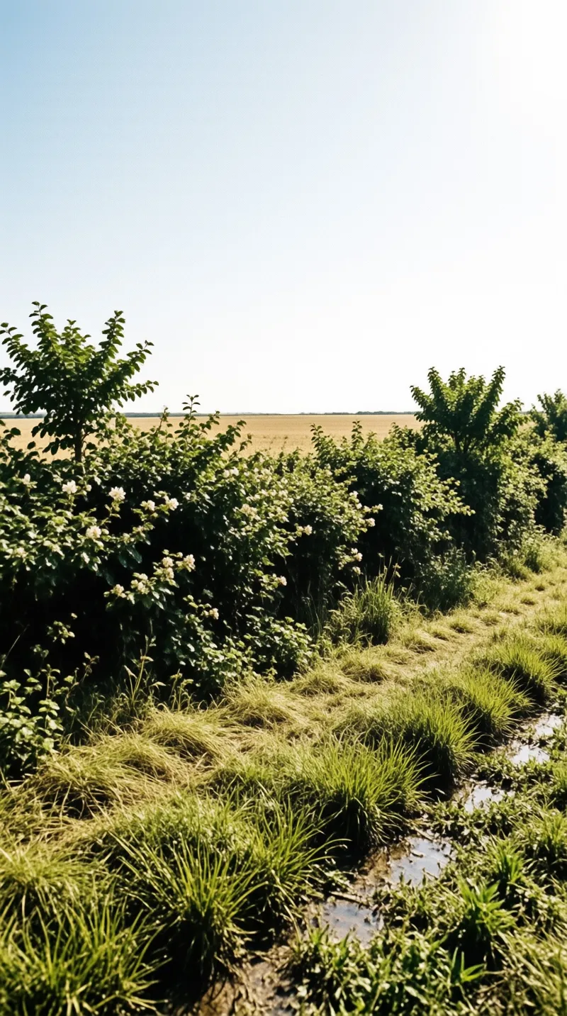 Green bushes with white flowers and a grassy ditch sit in the foreground before a wide expanse of yellow grain under a clear sky.