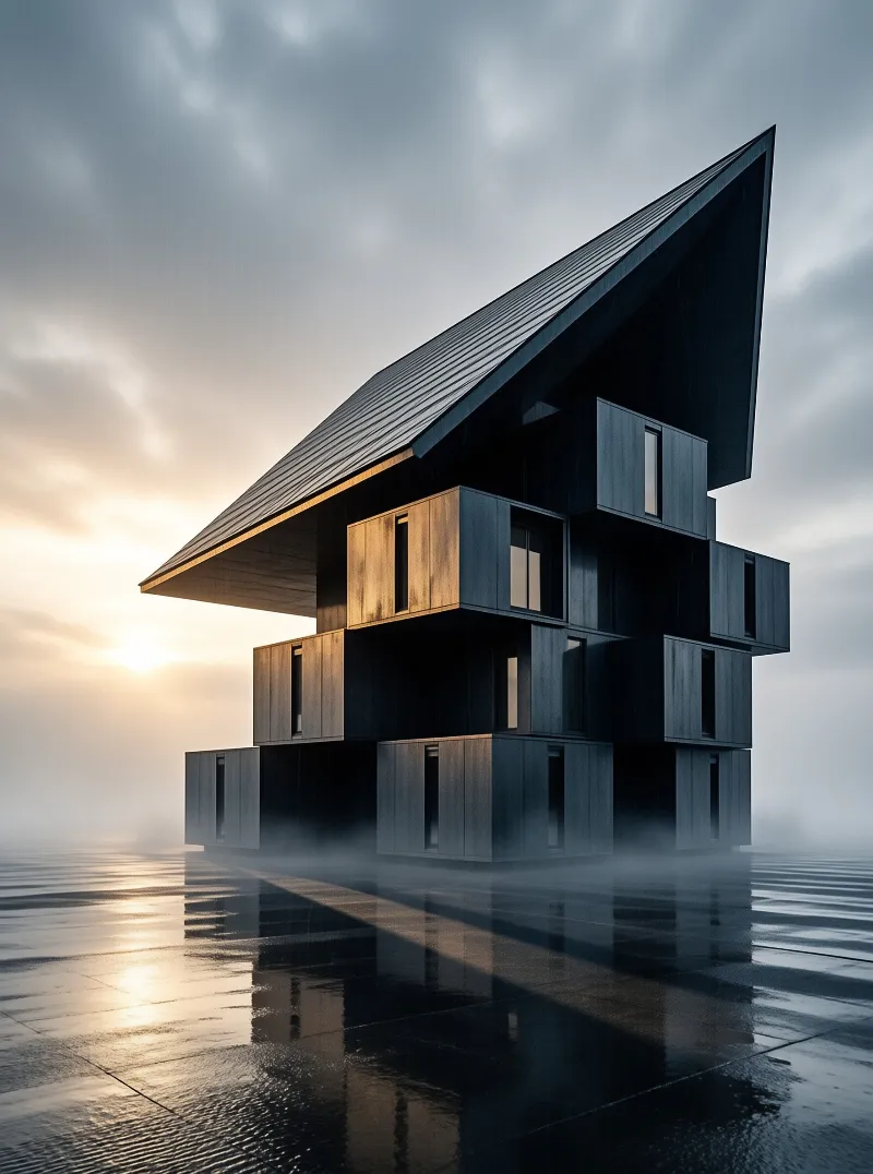A stacked house stands on a reflective surface while golden hour light illuminates its dark geometric facade.